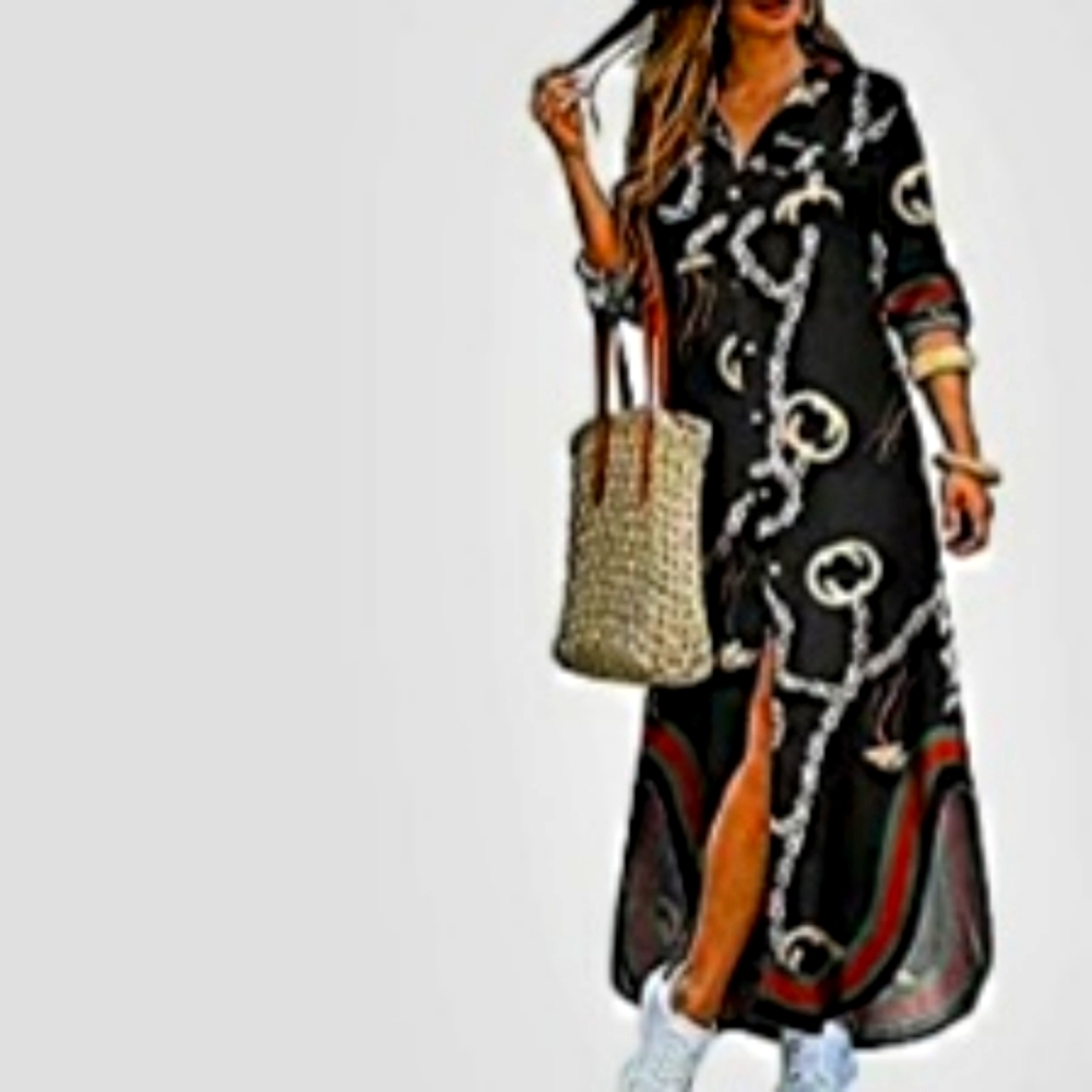 GORGEOUS CHAIN PRINT BUTTON FRONT MAXI SHIRT DRESS.
